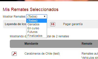 Vista de remates finalizados con estados